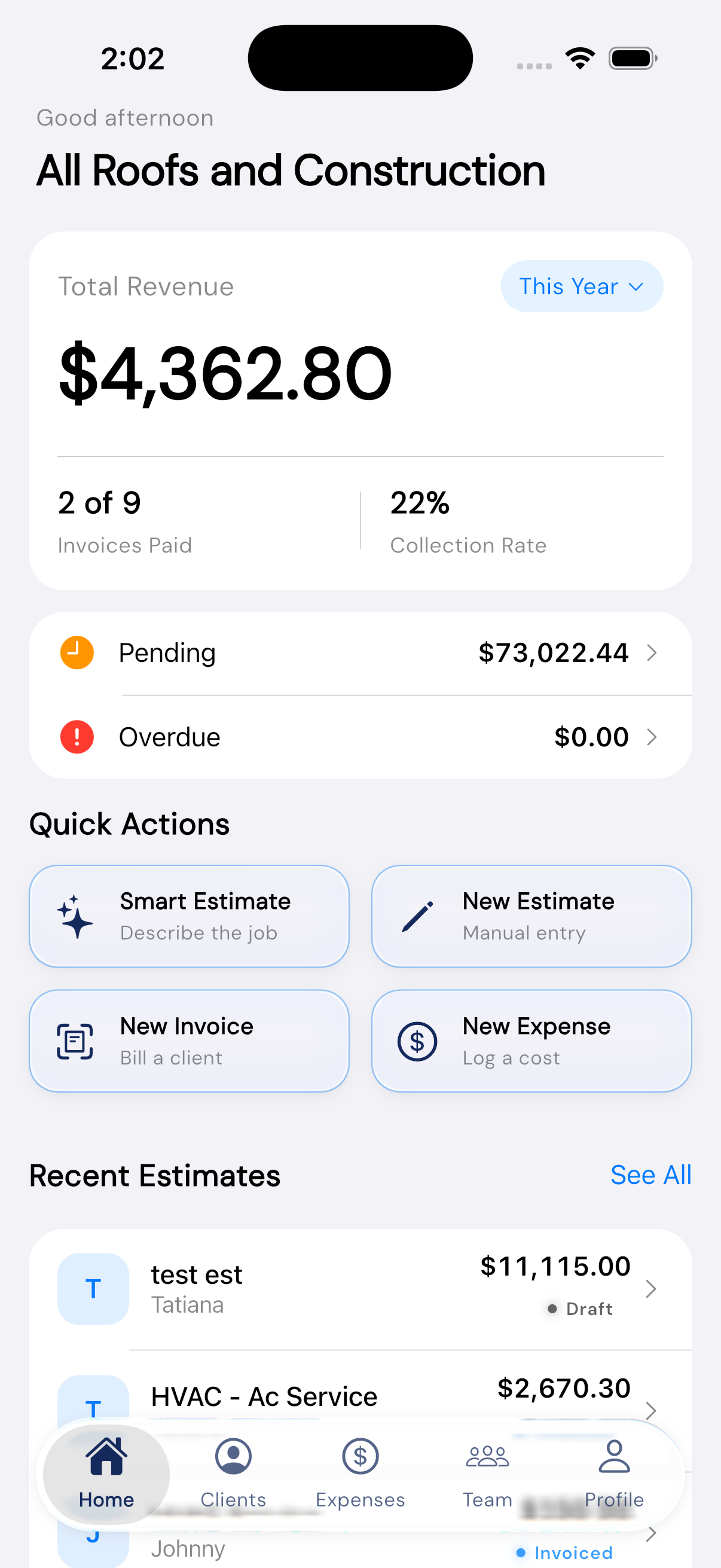 InvoiceGo dashboard showing revenue, pending invoices, and recent estimates