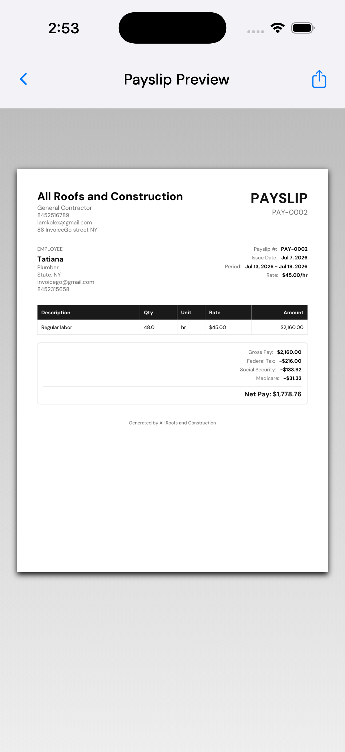 InvoiceGo payslip preview for a team member
