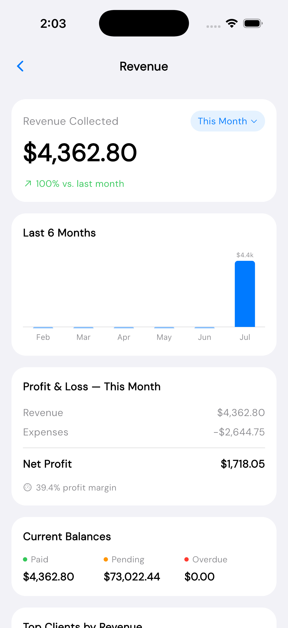 InvoiceGo revenue dashboard with a 6-month trend chart and profit and loss
