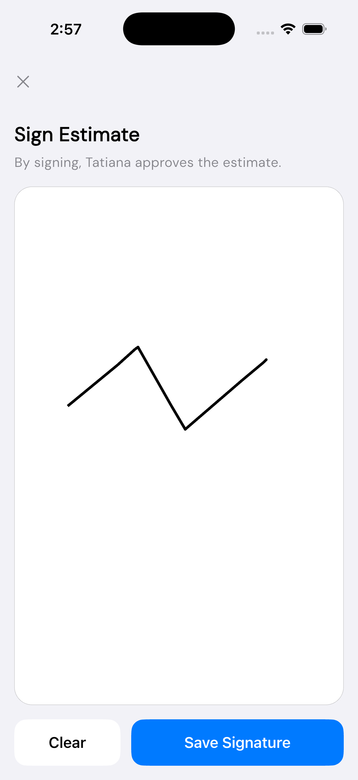 Capturing a client e-signature to approve an estimate
